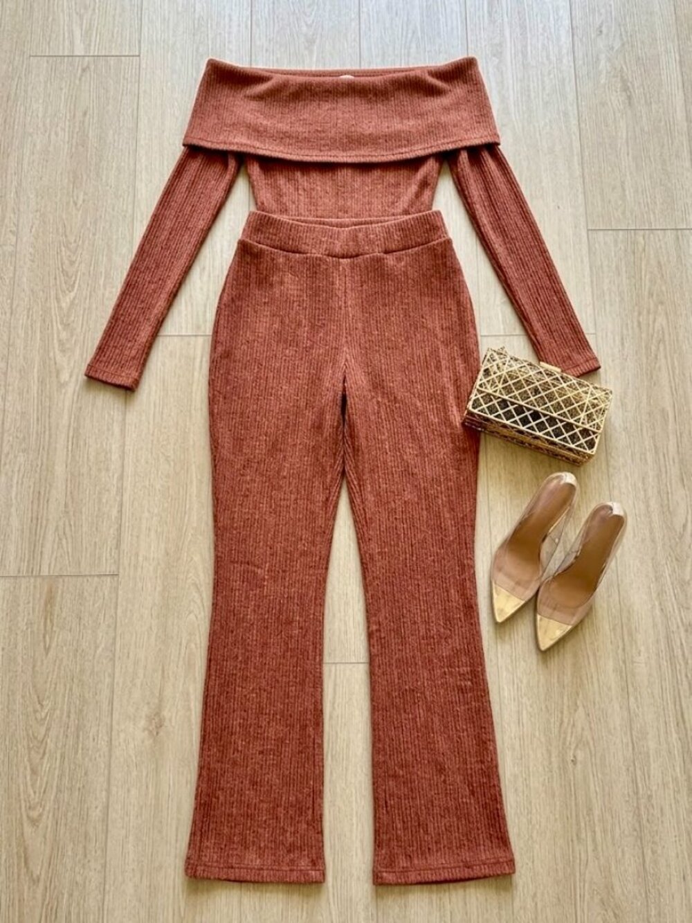 Fashion Nova Rust Off Shoulder Pant Set 2 Piece Wide Leg Stretch Size Large - Picture 3 of 4